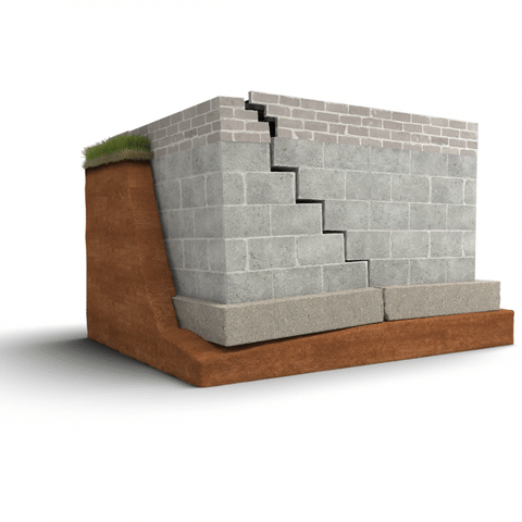 Diagram of total wall failure with a foundation leaning in at the top